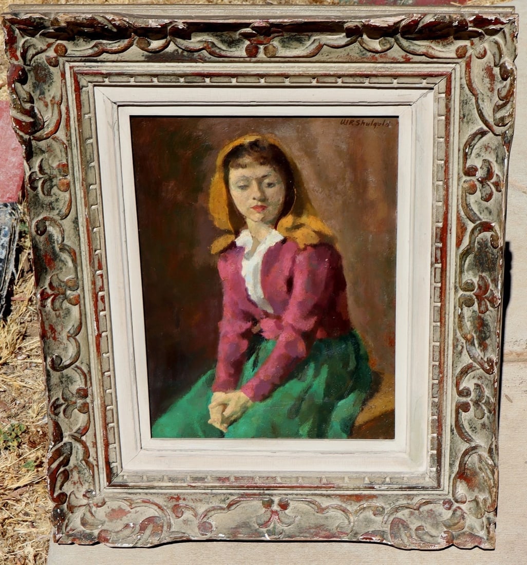 WILLIAM SHULGOLD New York Mid Century oil painting of a Girl in a Gold Headdress - 2