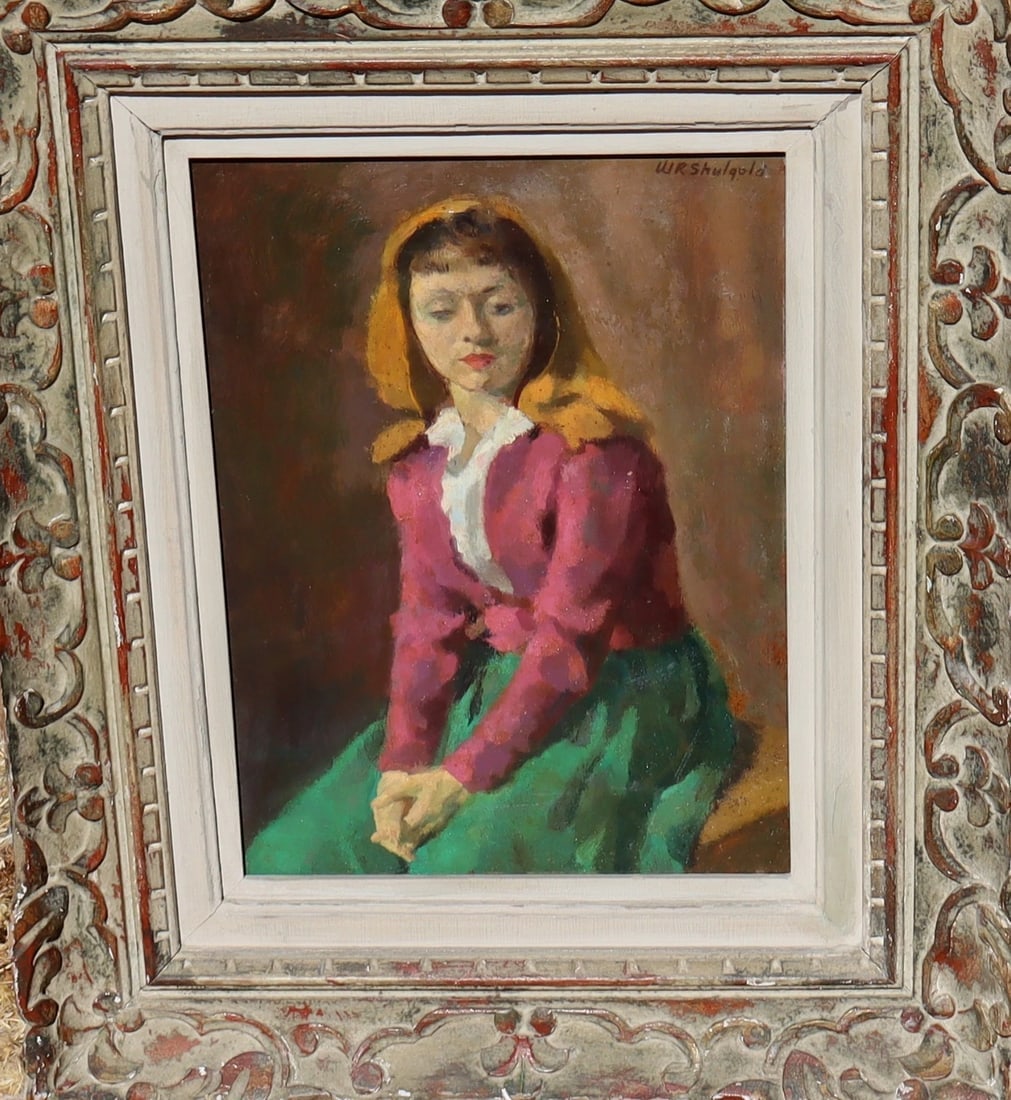 WILLIAM SHULGOLD New York Mid Century oil painting of a Girl in a Gold Headdress - 3