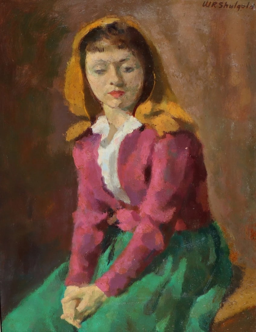 WILLIAM SHULGOLD New York Mid Century oil painting of a Girl in a Gold Headdress - 4