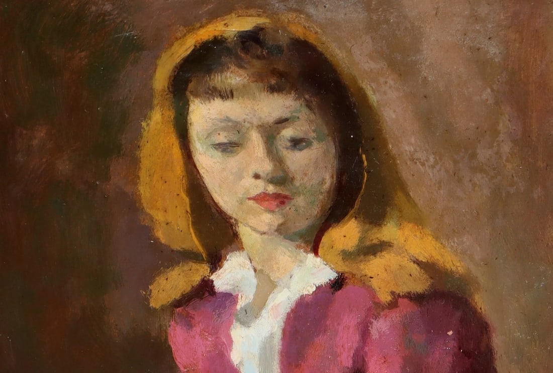 WILLIAM SHULGOLD New York Mid Century oil painting of a Girl in a Gold Headdress - 5