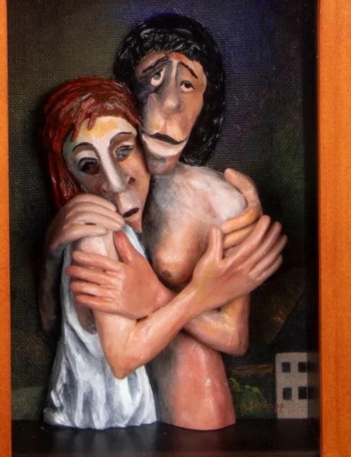 AL SCHNUPP Mixed Media Sculpture of Embracing Figures in a Wood Box Frame - 2