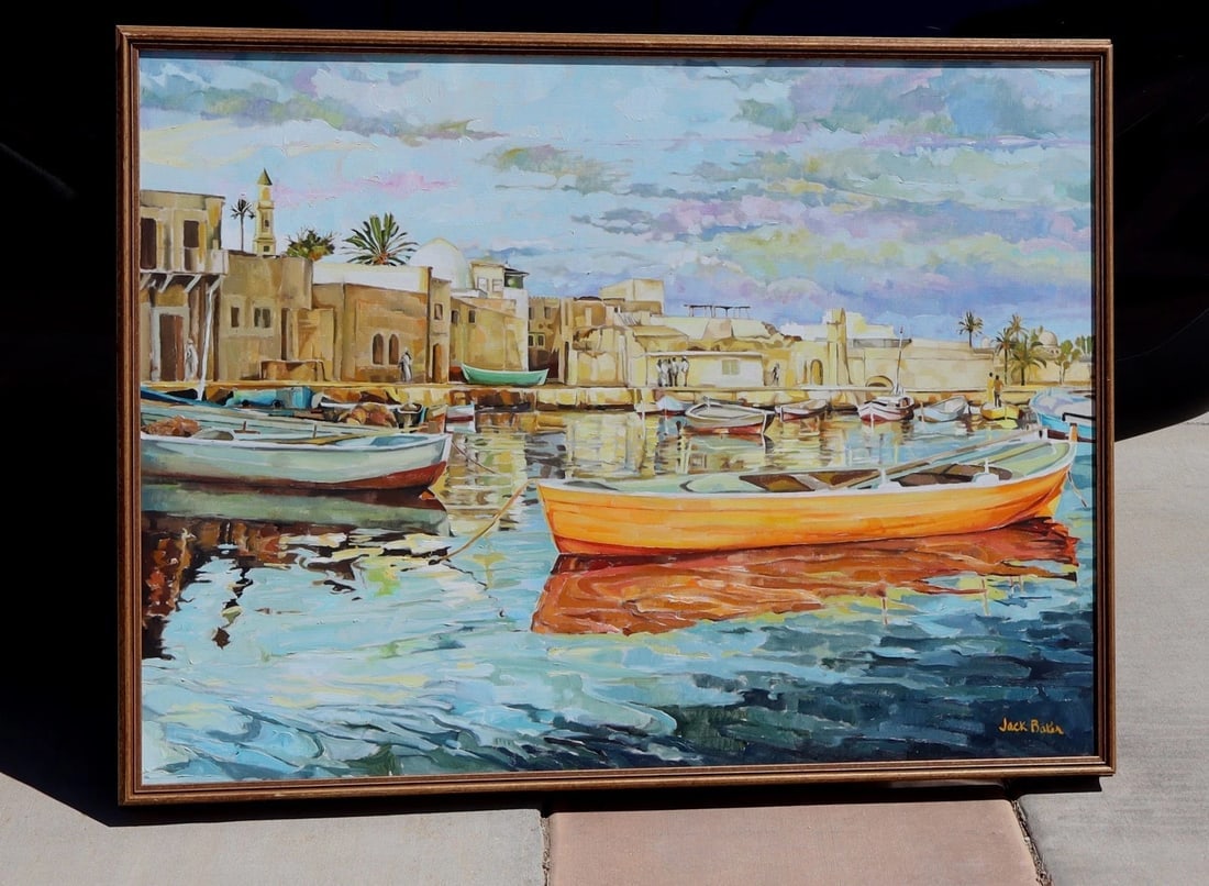JACK BAKER Malta? Portside Cityscape with Fishing Boats Original oil painting - 2
