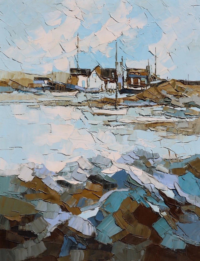 ALBERT SWAYHOOVER Original oil painting Coastal Houses along a Rocky Coast - 2