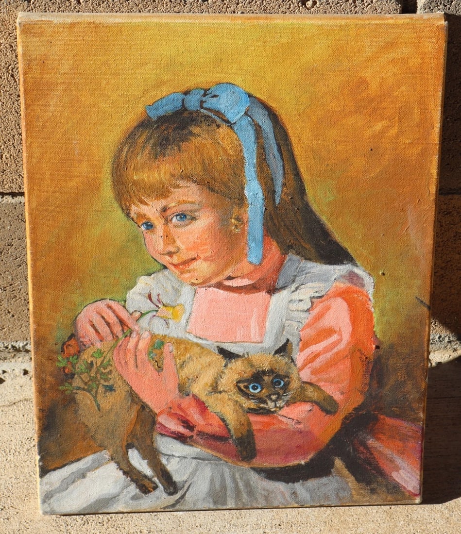 ALICE CAHILL BRAUN California Artist Original oil Painting Girl with a Cat - 2