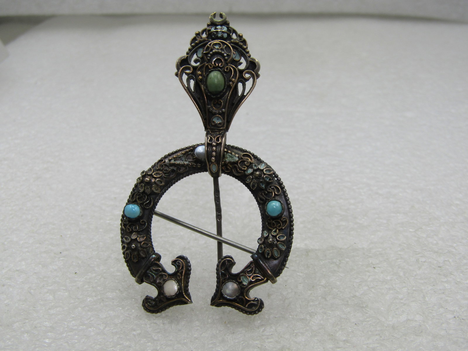 Antique Sterling Filigree Cloak Pin with MOP, Agate Stones, 1800's - 3