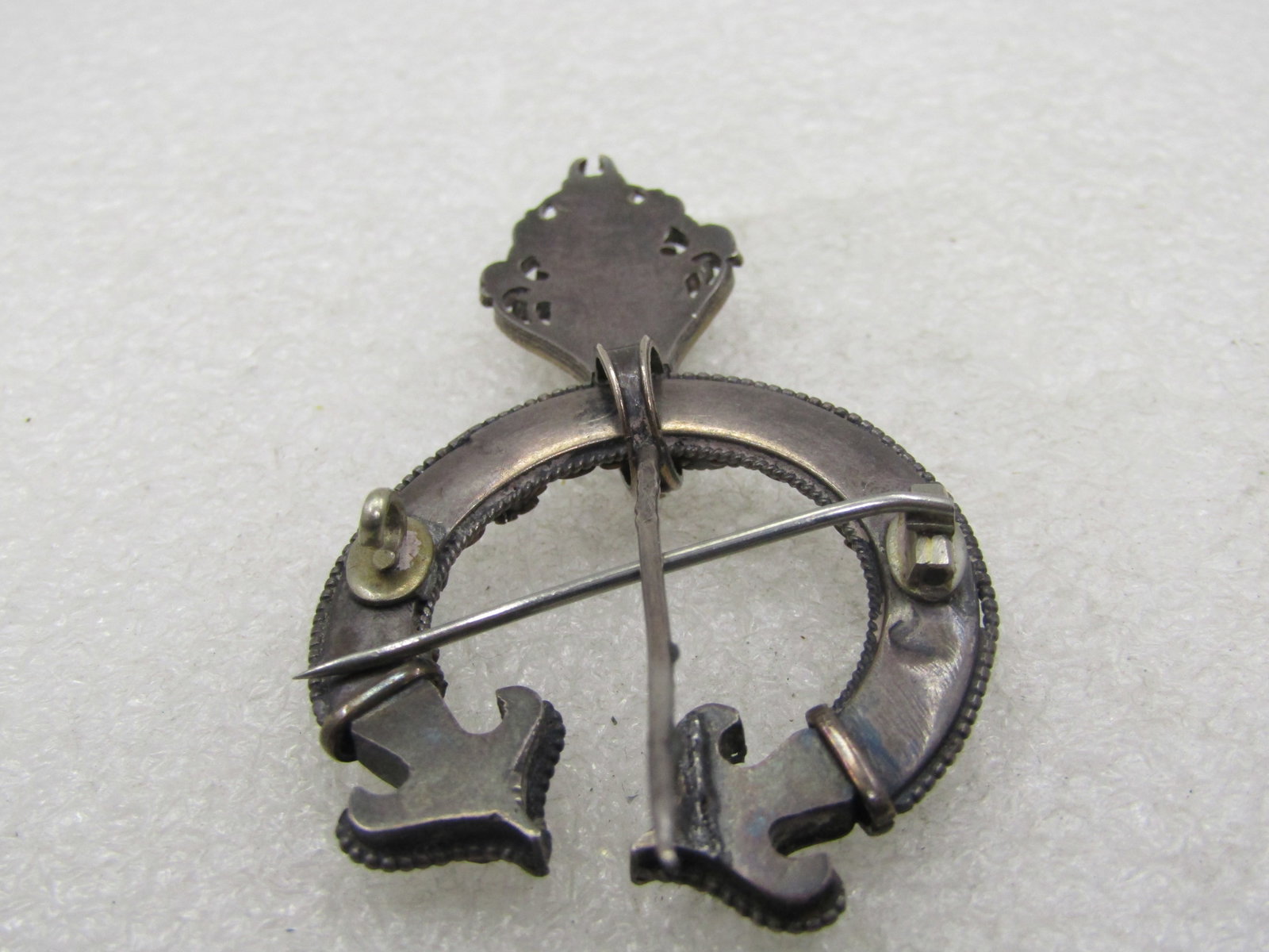 Antique Sterling Filigree Cloak Pin with MOP, Agate Stones, 1800's - 4