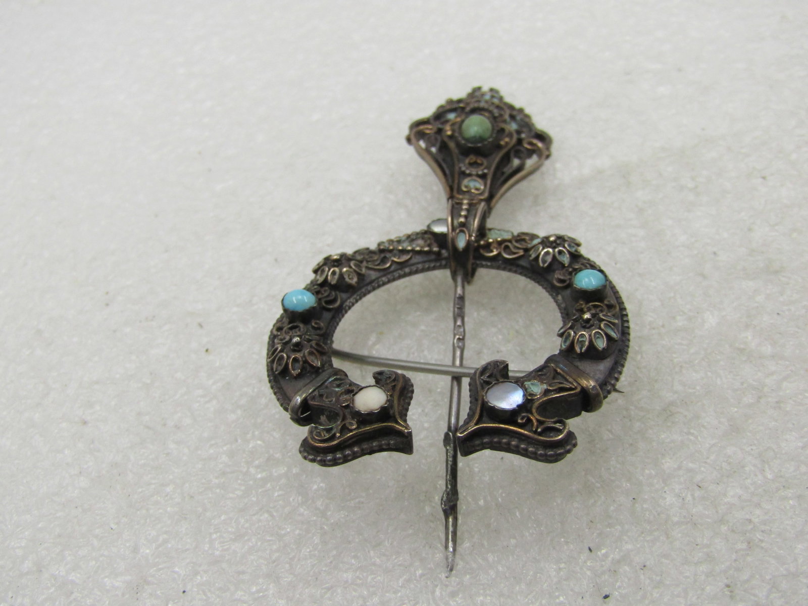 Antique Sterling Filigree Cloak Pin with MOP, Agate Stones, 1800's - 5