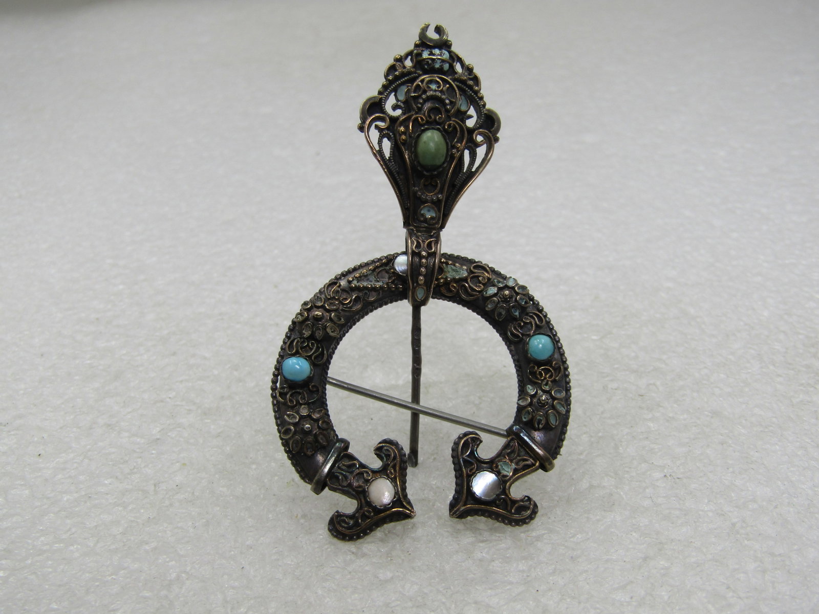 Antique Sterling Filigree Cloak Pin with MOP, Agate Stones, 1800's - 6