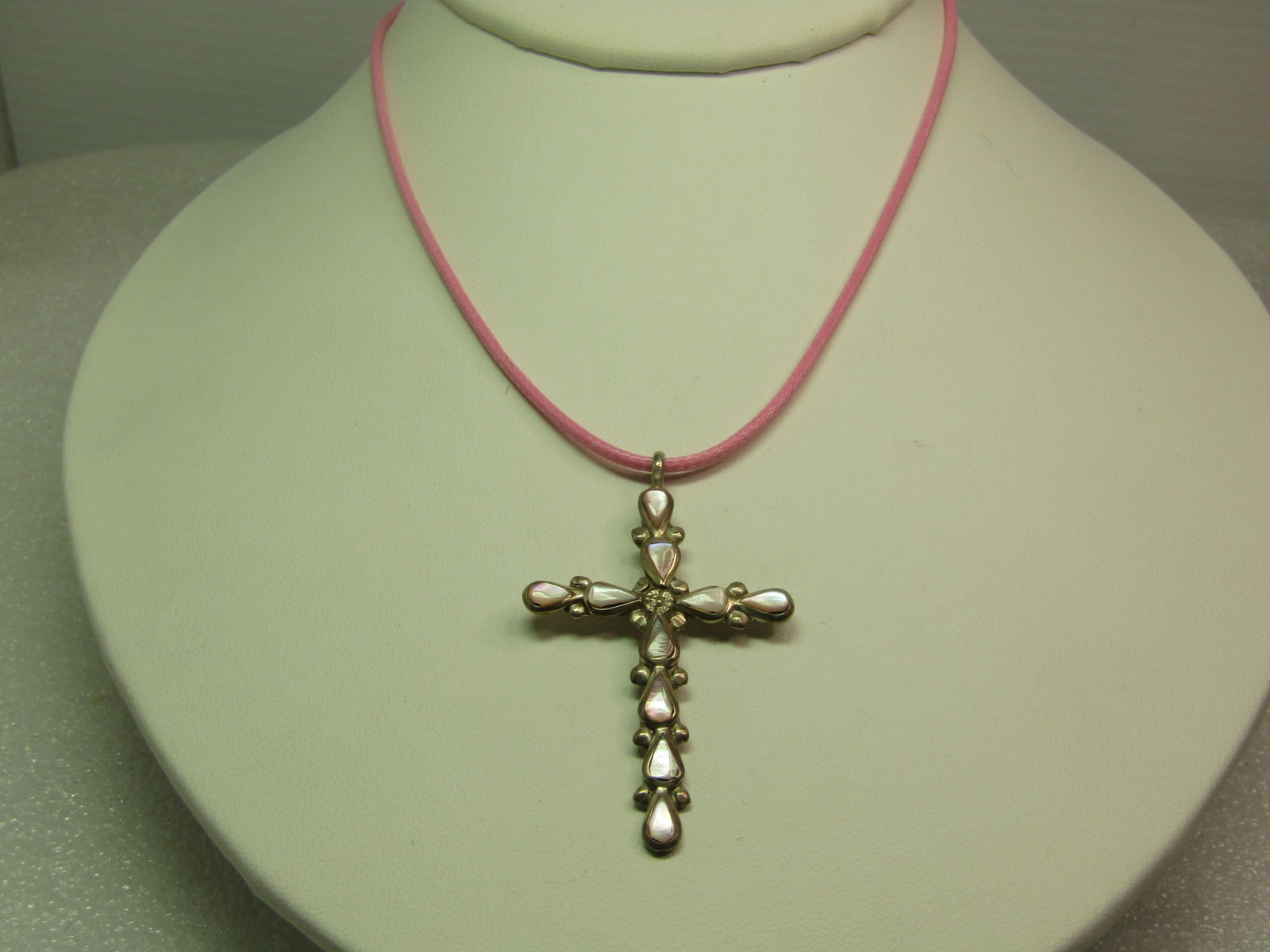 Vintage Sterling Pink MOP Cross Pendant, Pink Cord Necklace, 18"-20", 1980's-1990's, Southwestern: Title: Vintage Sterling Pink MOP Cross Pendant, Pink Cord Necklace, 18"-20", 1980's-1990's, Southwestern Themed. Description: Vintage Sterling Pink MOP Cross Pendant, Pink Cord Necklace, 18"-20", 1980