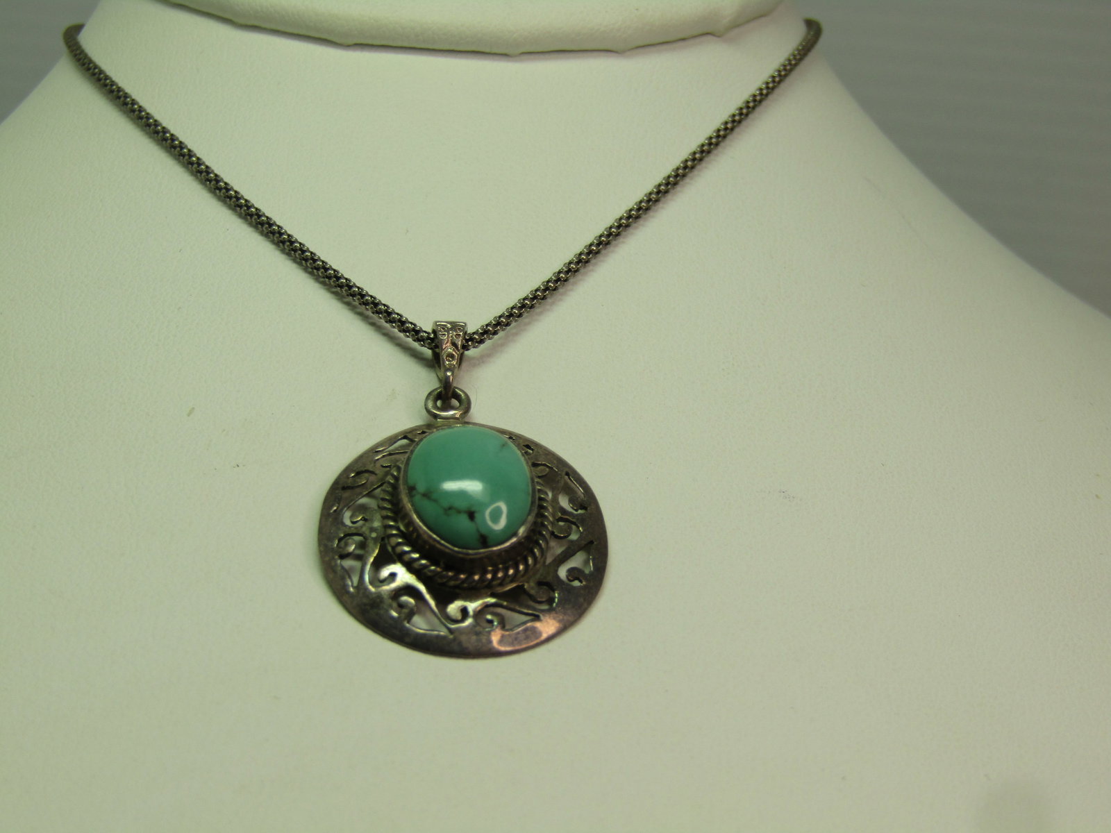 Vintage Sterling Turquoise Scrolled Pendant Necklace, 18" , 1980's-1990's - 2