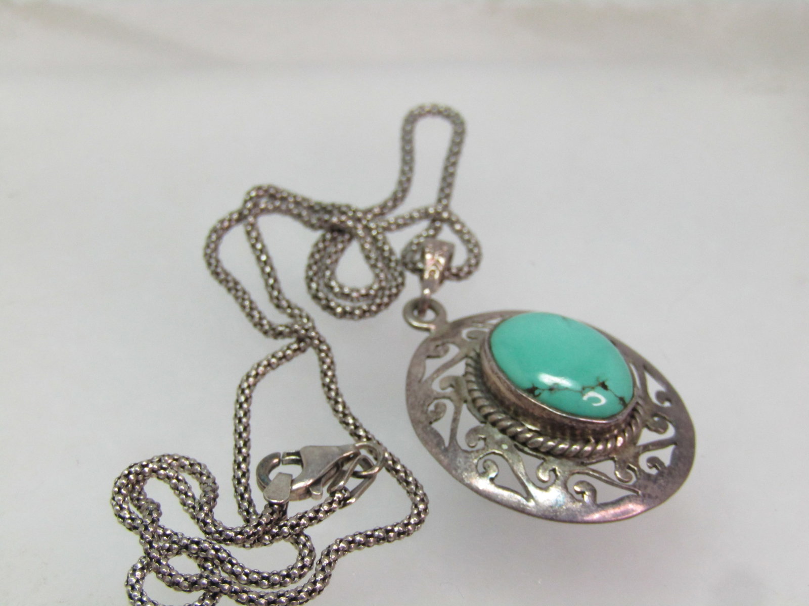 Vintage Sterling Turquoise Scrolled Pendant Necklace, 18" , 1980's-1990's - 5
