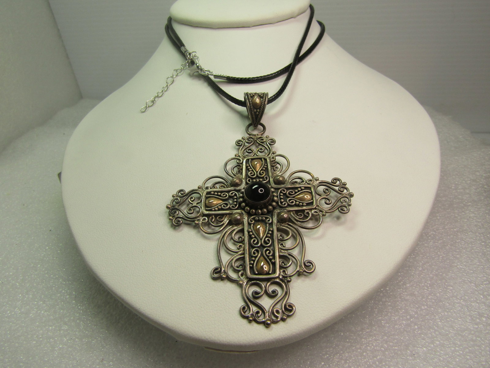Vintage Sterling 18kt Filigree Cross Pendant/Necklace, Bali Indonesia, 26", 1980's-1990's - 2