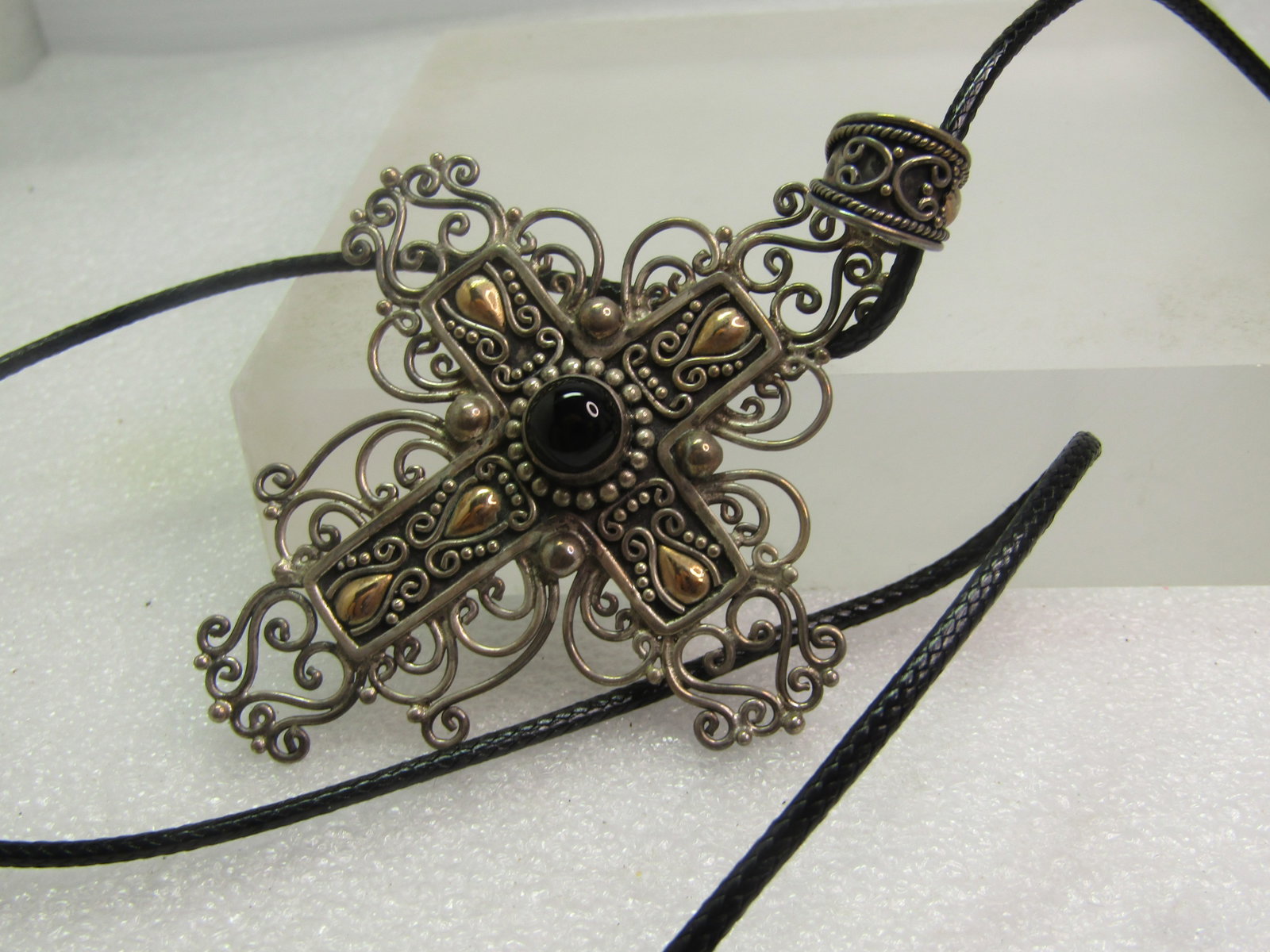 Vintage Sterling 18kt Filigree Cross Pendant/Necklace, Bali Indonesia, 26", 1980's-1990's - 7