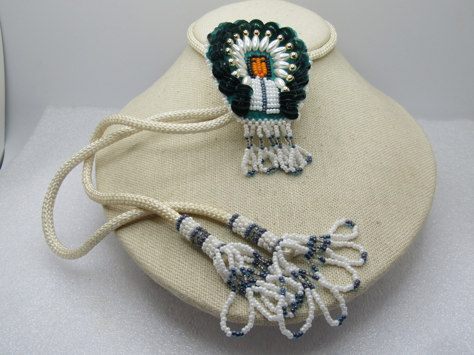 Vintage Beaded/Sequins Chief Bolo Tie, White/Green/Gray, 34" with Tassels, 1970's-1980's - 5