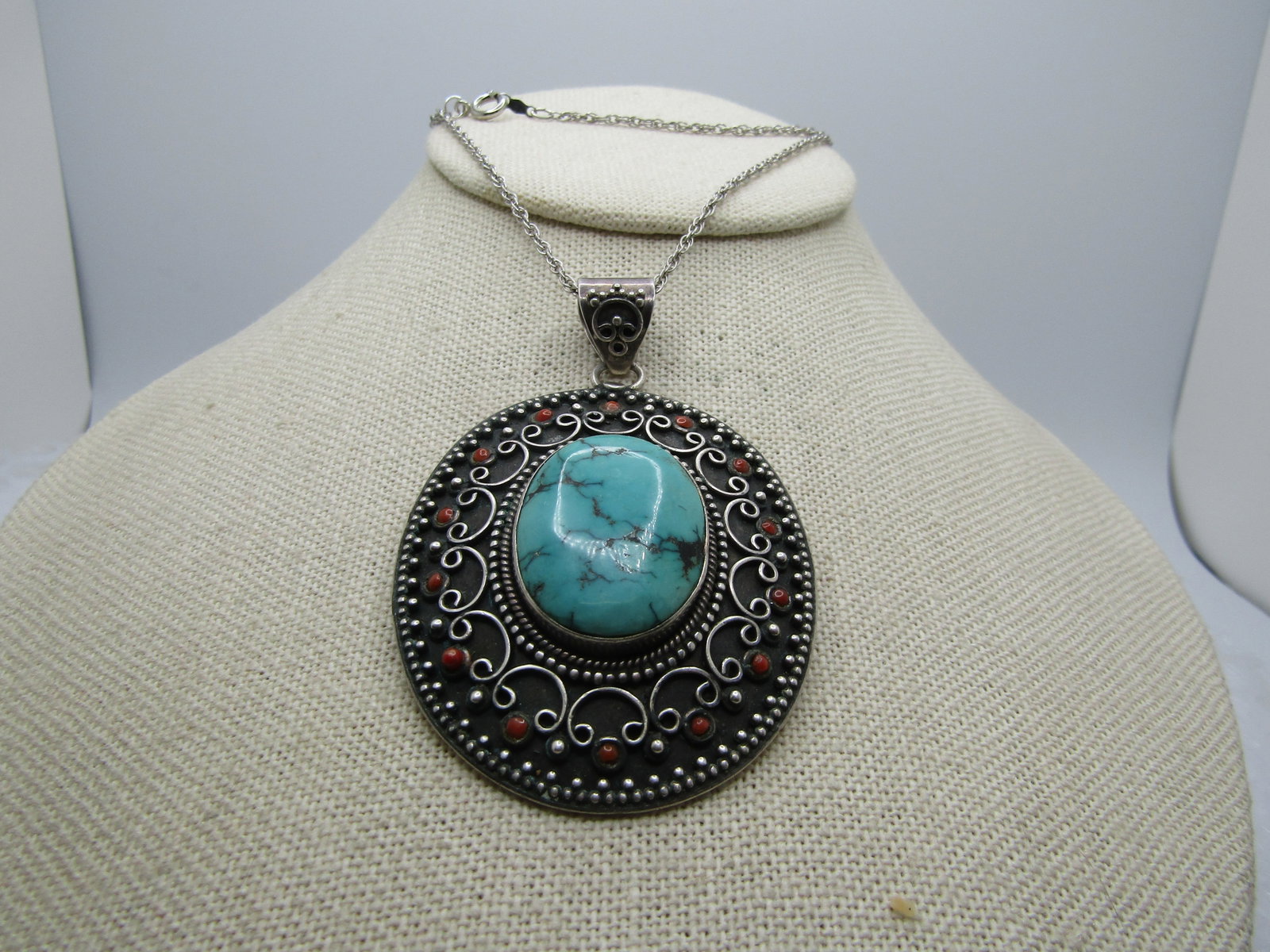Vintage Sterling Southwestern Turquoise Coral Necklace. 18", 1980's-1990's (1 of 7)