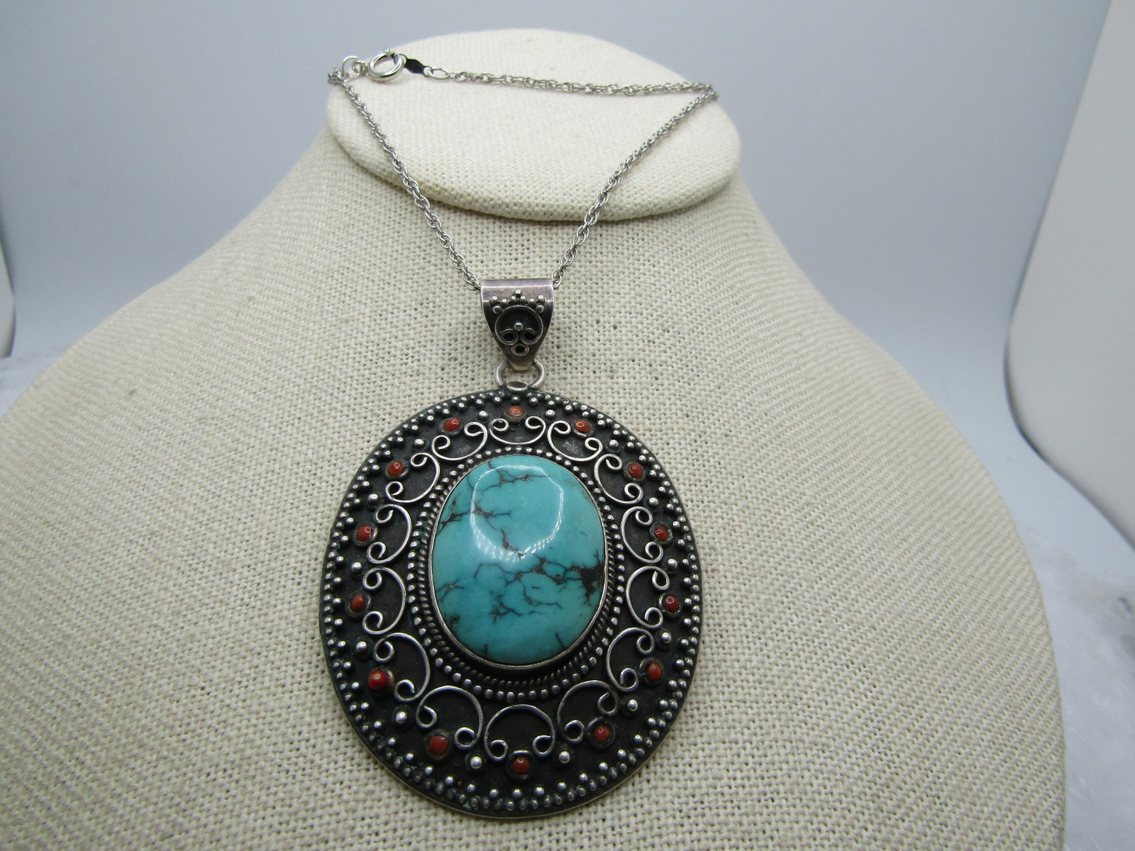 Vintage Sterling Southwestern Turquoise Coral Necklace. 18", 1980's-1990's - 2