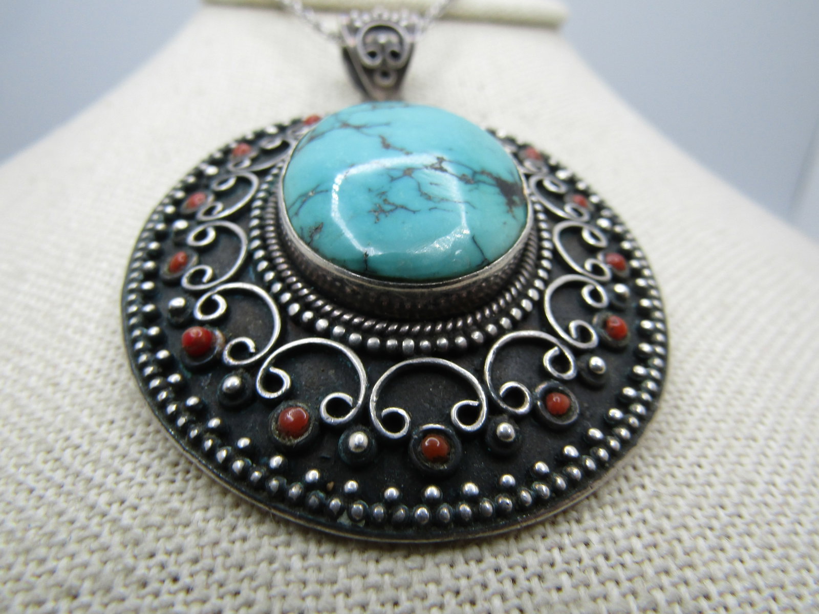 Vintage Sterling Southwestern Turquoise Coral Necklace. 18", 1980's-1990's - 3