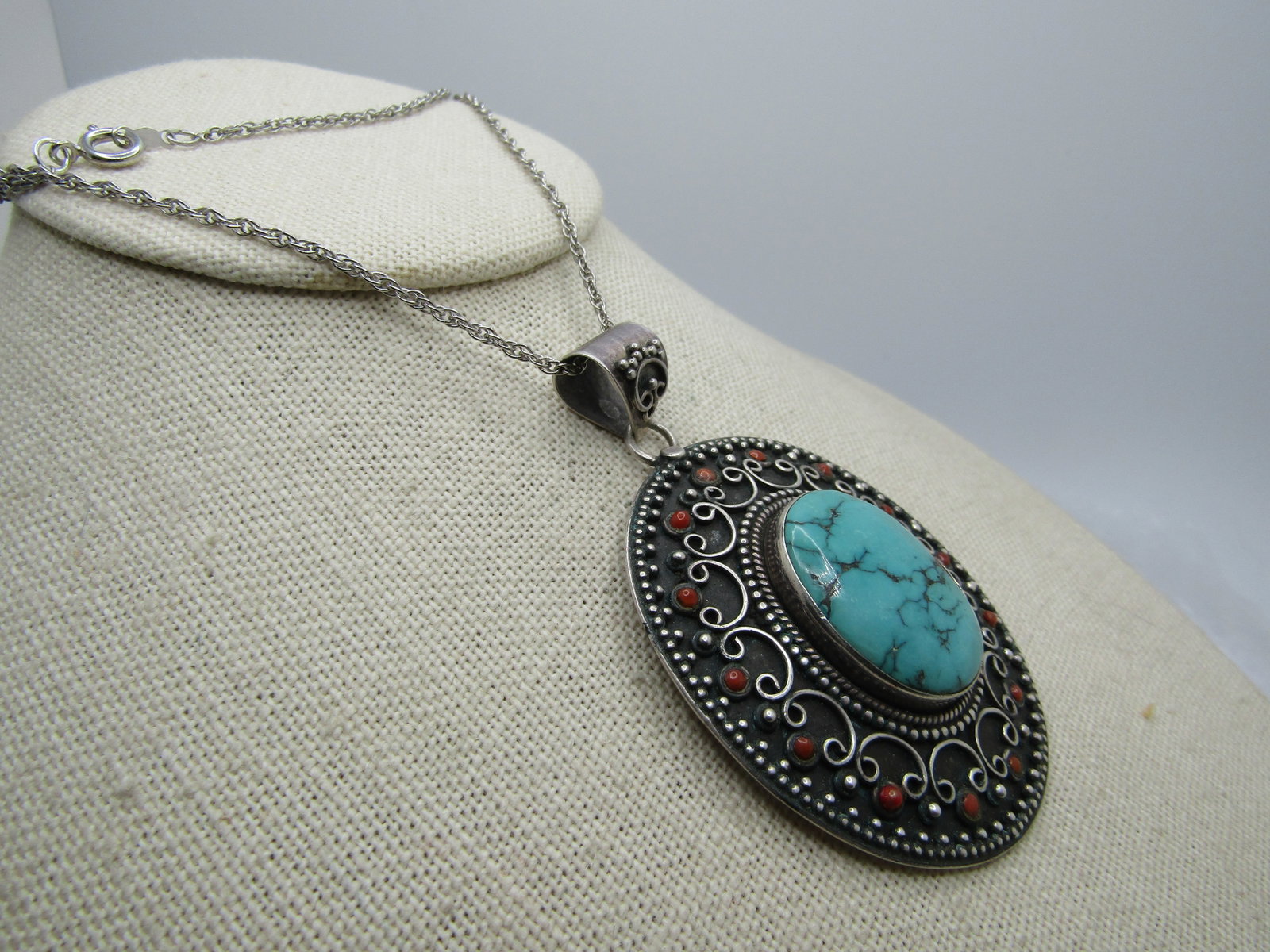 Vintage Sterling Southwestern Turquoise Coral Necklace. 18", 1980's-1990's - 4
