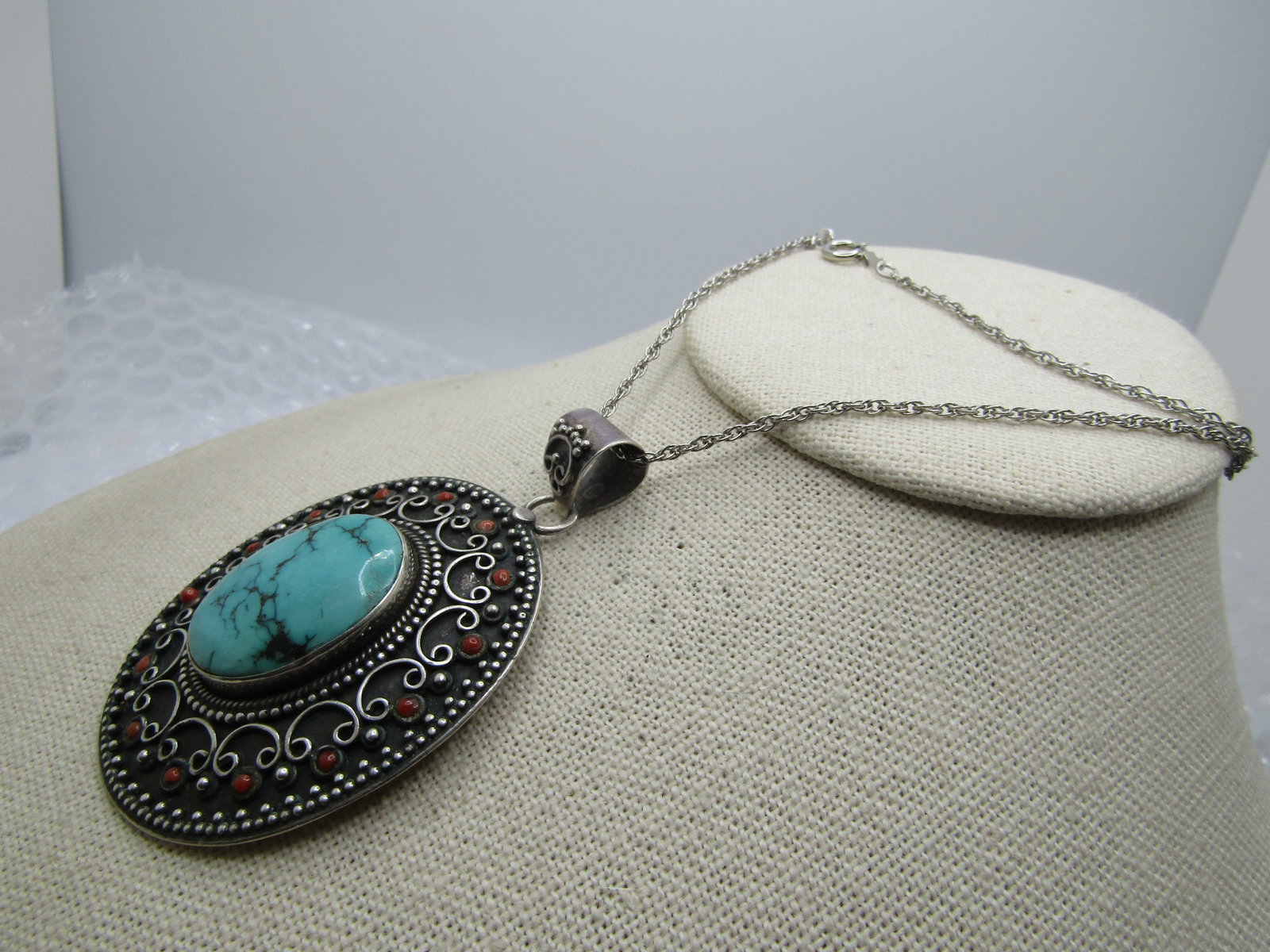 Vintage Sterling Southwestern Turquoise Coral Necklace. 18", 1980's-1990's - 5
