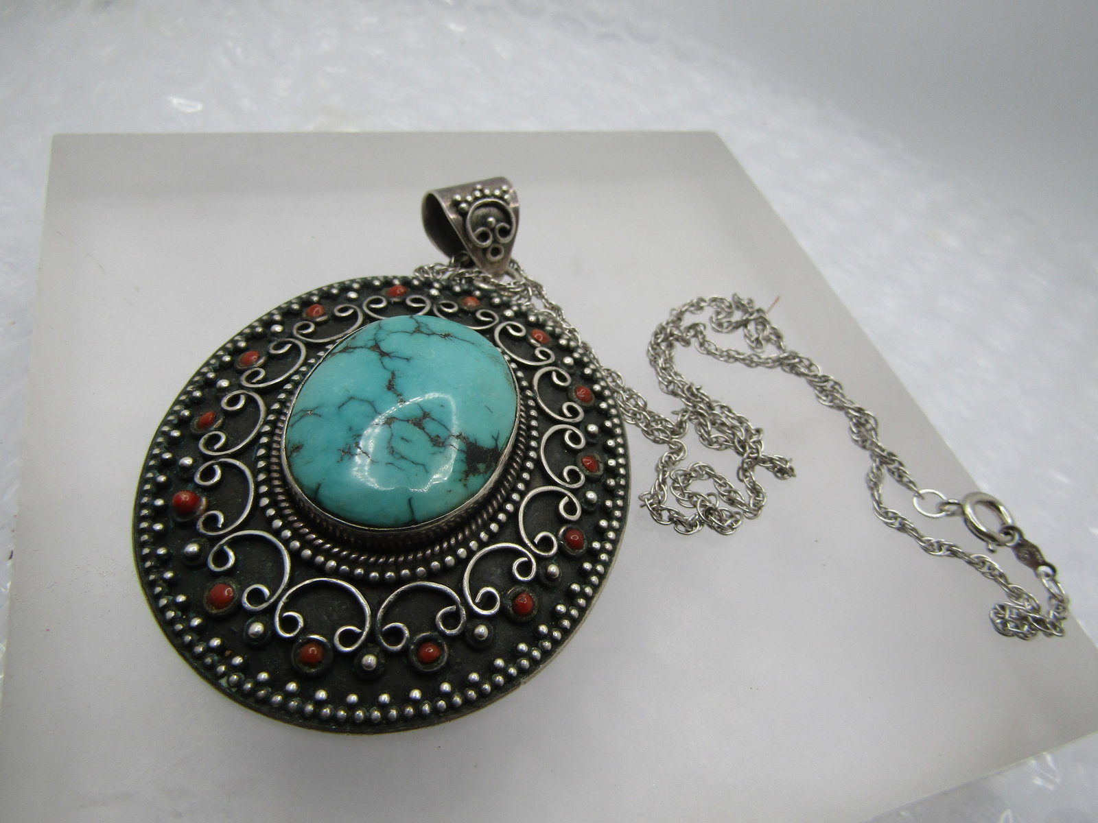 Vintage Sterling Southwestern Turquoise Coral Necklace. 18", 1980's-1990's - 7