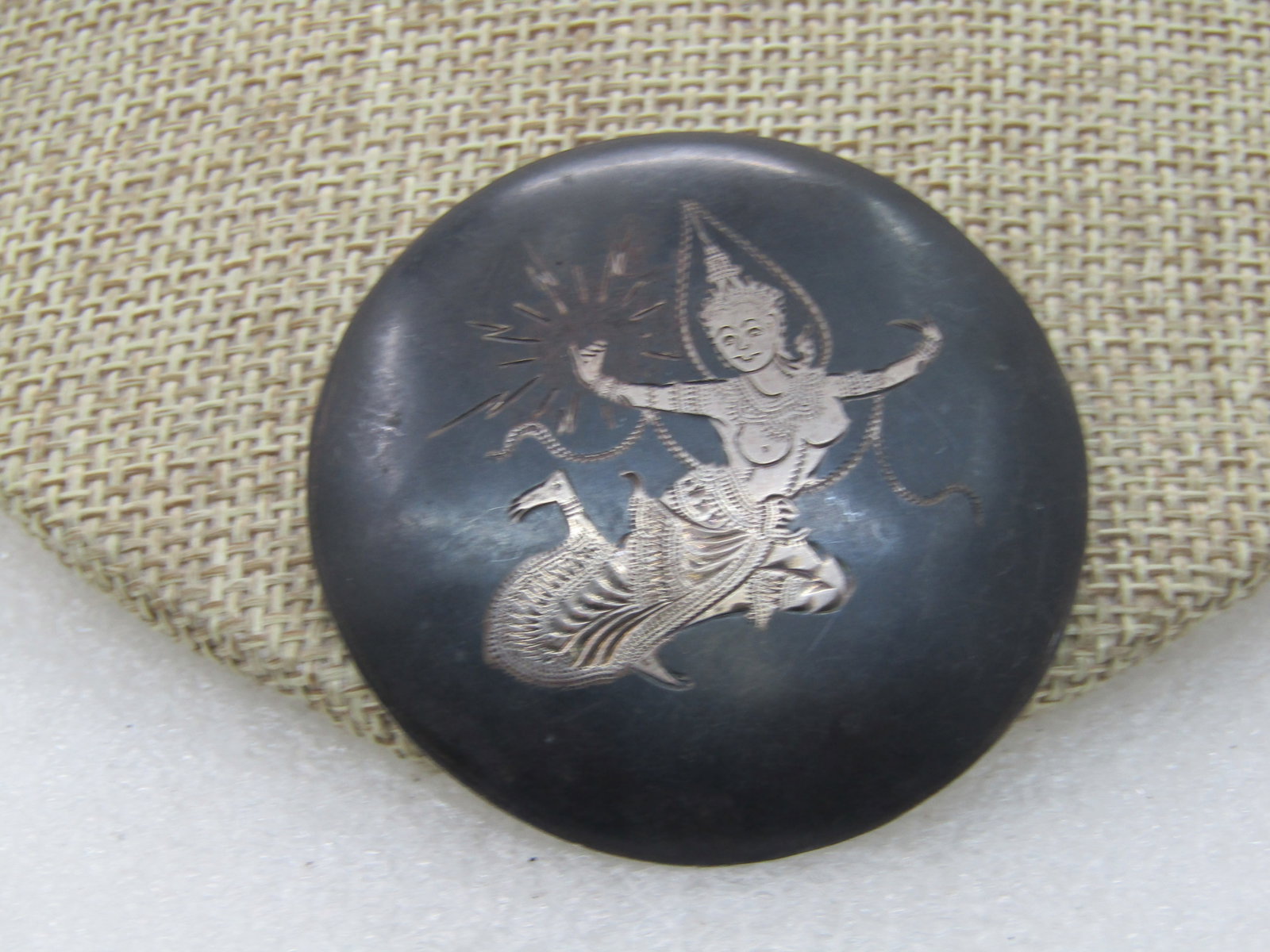 Vintage Sterling Enameled Siam Goddess Brooch, Niello, Signed, Locking Trombone Clasp. - 4