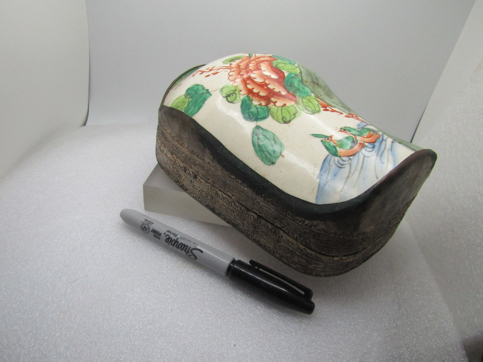 Vintage Chinese Shard Box, Birds & Flowers, 1980's or Earler 7.75", Great for Jewelry - 4