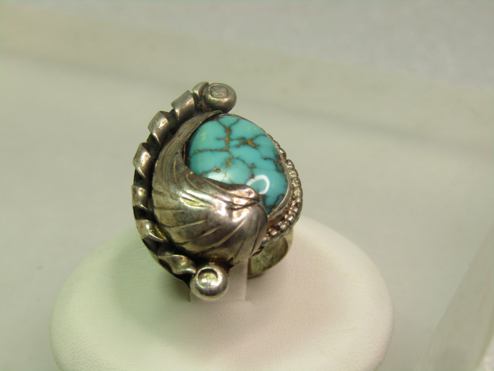 Vintage Sterling Southwestern Turquoise Ring, Feather Accents, Sz. 4.75, 1970's-1980's (1 of 7)