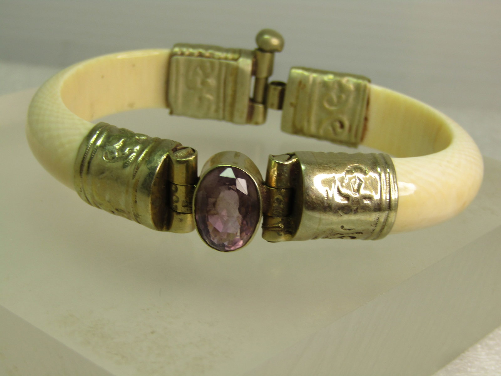 Vintage Bone Cuff Bracelet with Amethyst, Pin Clasp, 6.75", 1970's-1980's - 2