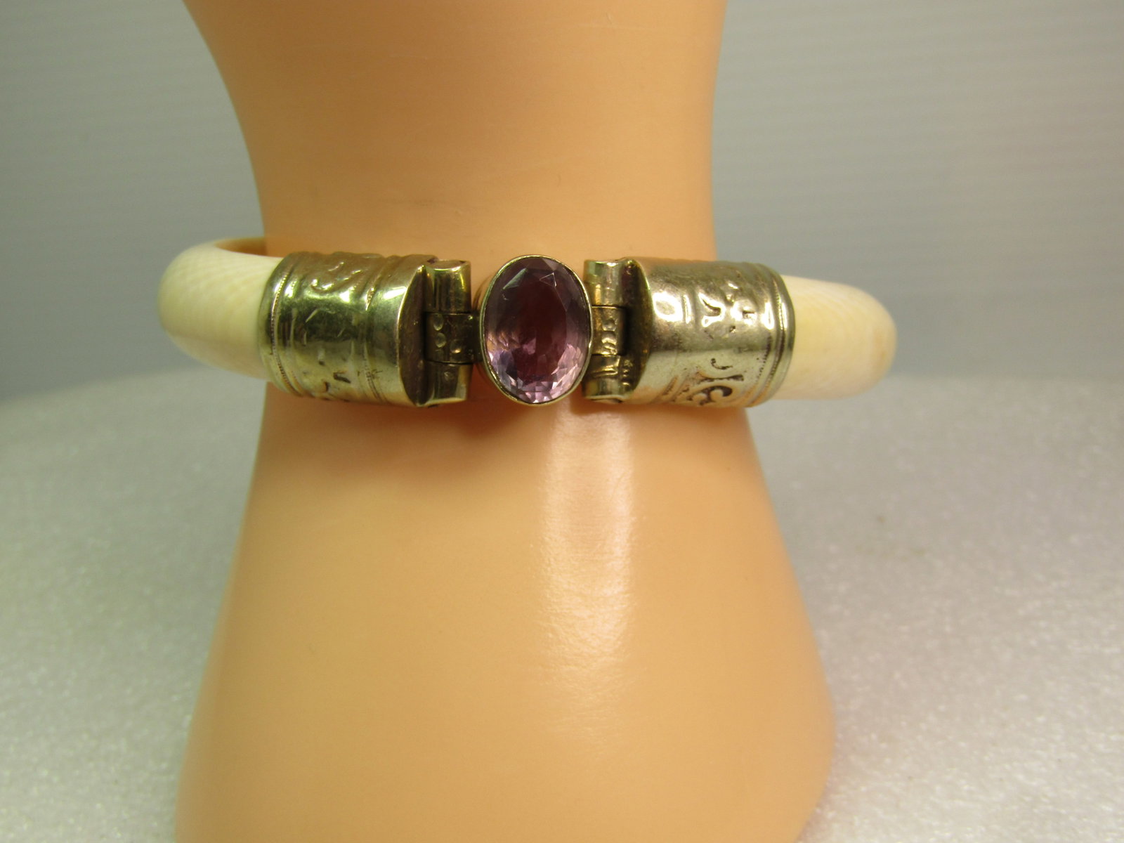 Vintage Bone Cuff Bracelet with Amethyst, Pin Clasp, 6.75", 1970's-1980's - 6