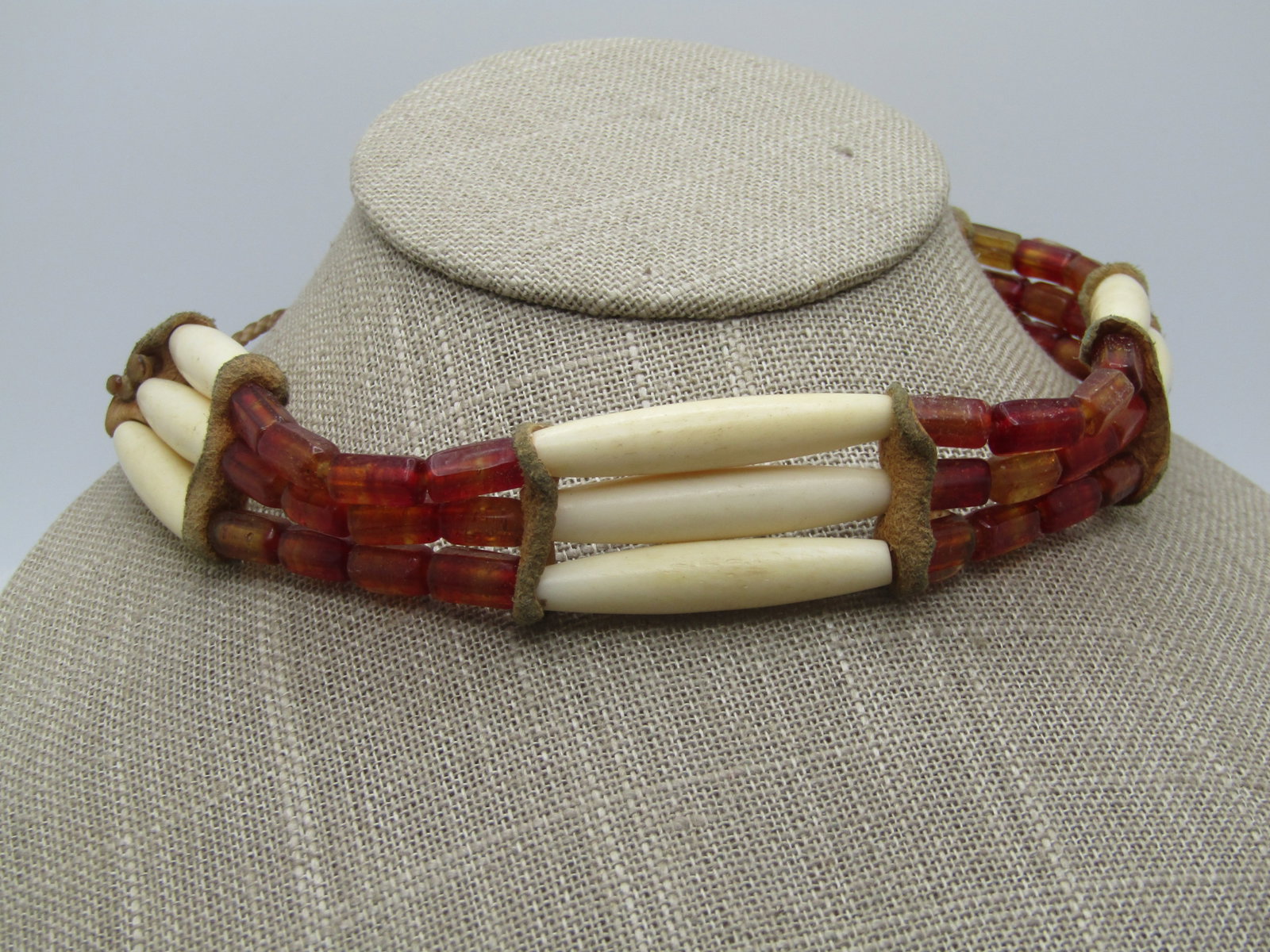 Vintage Southwestern Hairpipe & Glass Beaded Warring Necklace, Ponyhair Braided, 32", 1960's-1970's - 2