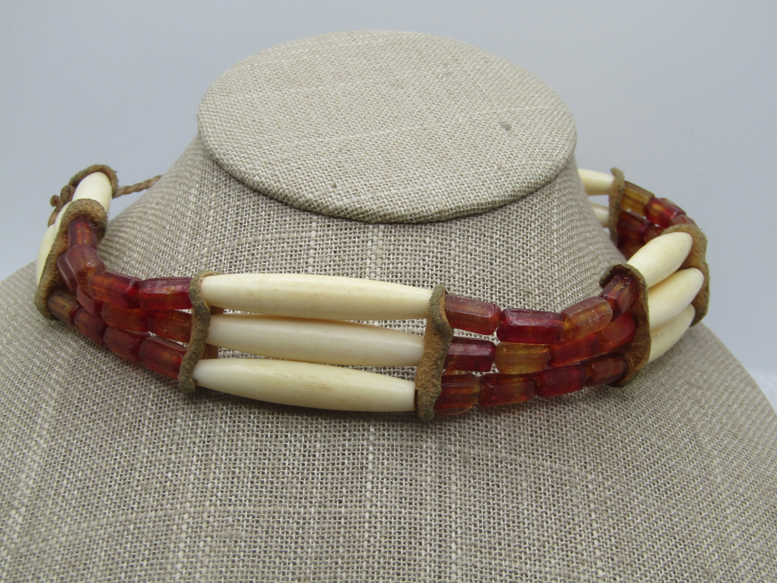 Vintage Southwestern Hairpipe & Glass Beaded Warring Necklace, Ponyhair Braided, 32", 1960's-1970's - 3