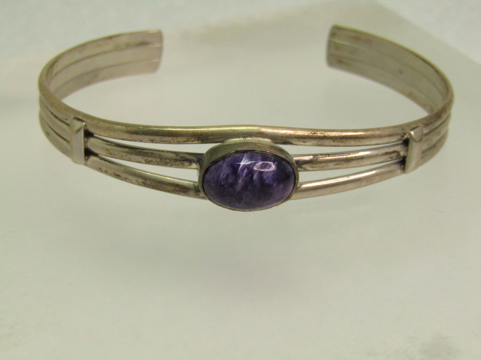 Vintage Sterling Southwestern Charoite Cuff Bracelet, 6.5", 1970's-1980's, Signed: Title: Vintage Sterling Southwestern Charoite Cuff Bracelet, 6.5", 1970's-1980's, Signed Description: Vintage Sterling Southwestern Charoite Cuff Bracelet, 6.5", 1970's-1980's, Signed what appears to 