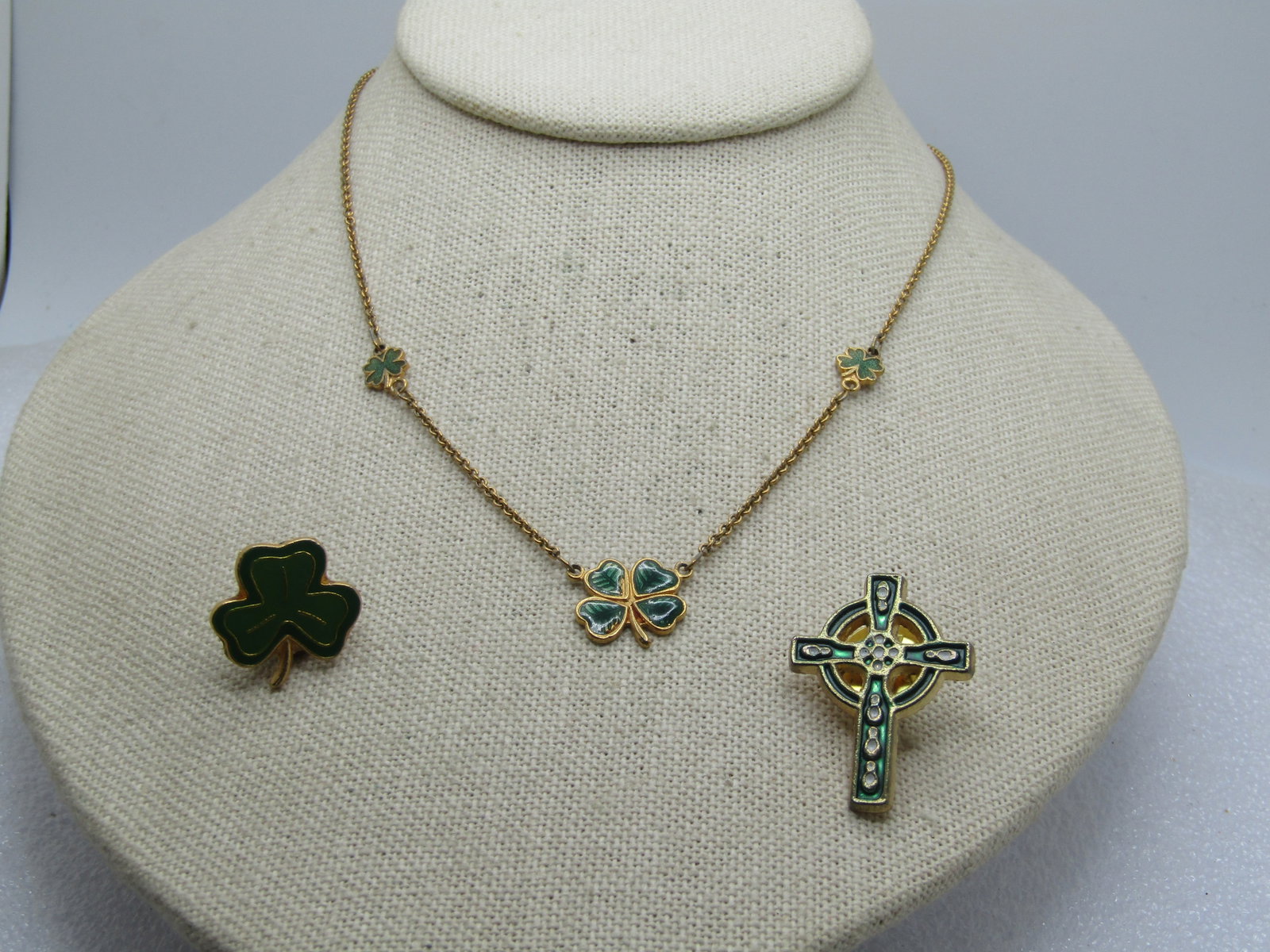 Vintage Shamrock Necklace, Irish Cross & Shamrock Tack Pins, 1960's-1970's, St. Patrick's Day. (1 of 7)