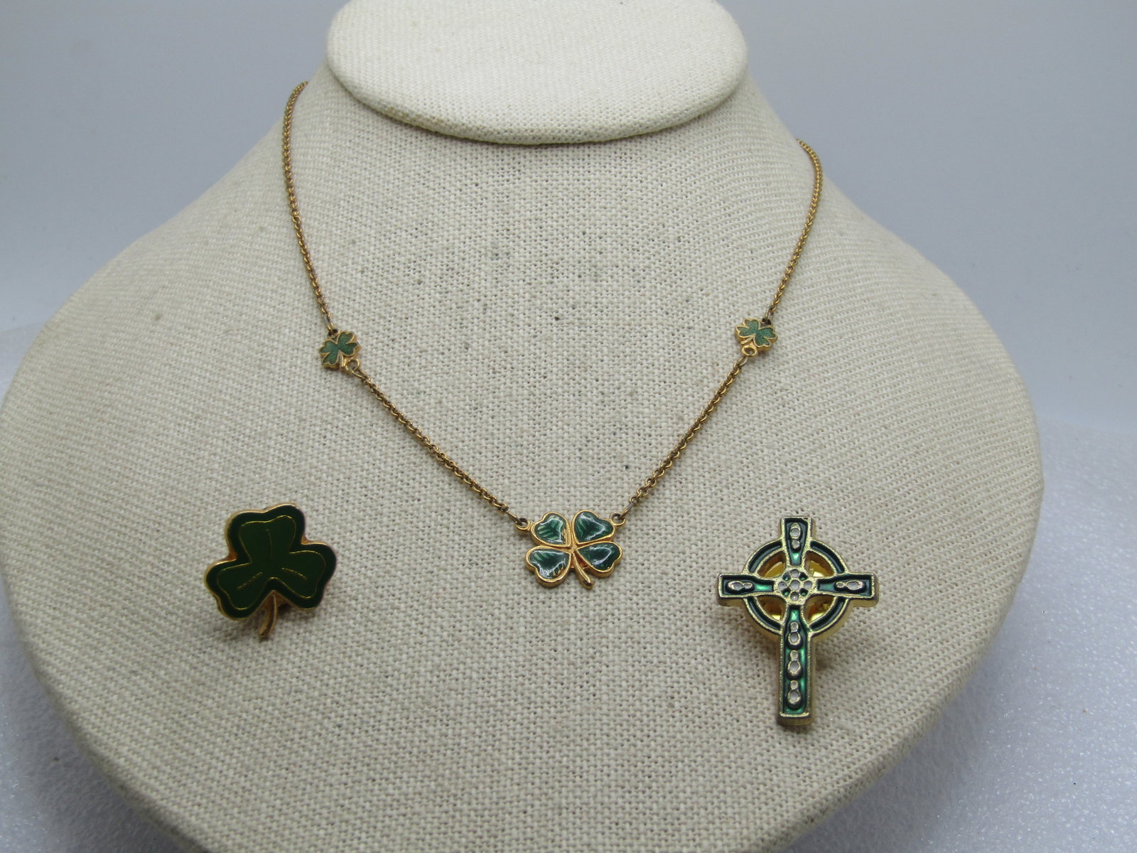 Vintage Shamrock Necklace, Irish Cross & Shamrock Tack Pins, 1960's-1970's, St. Patrick's Day. - 2