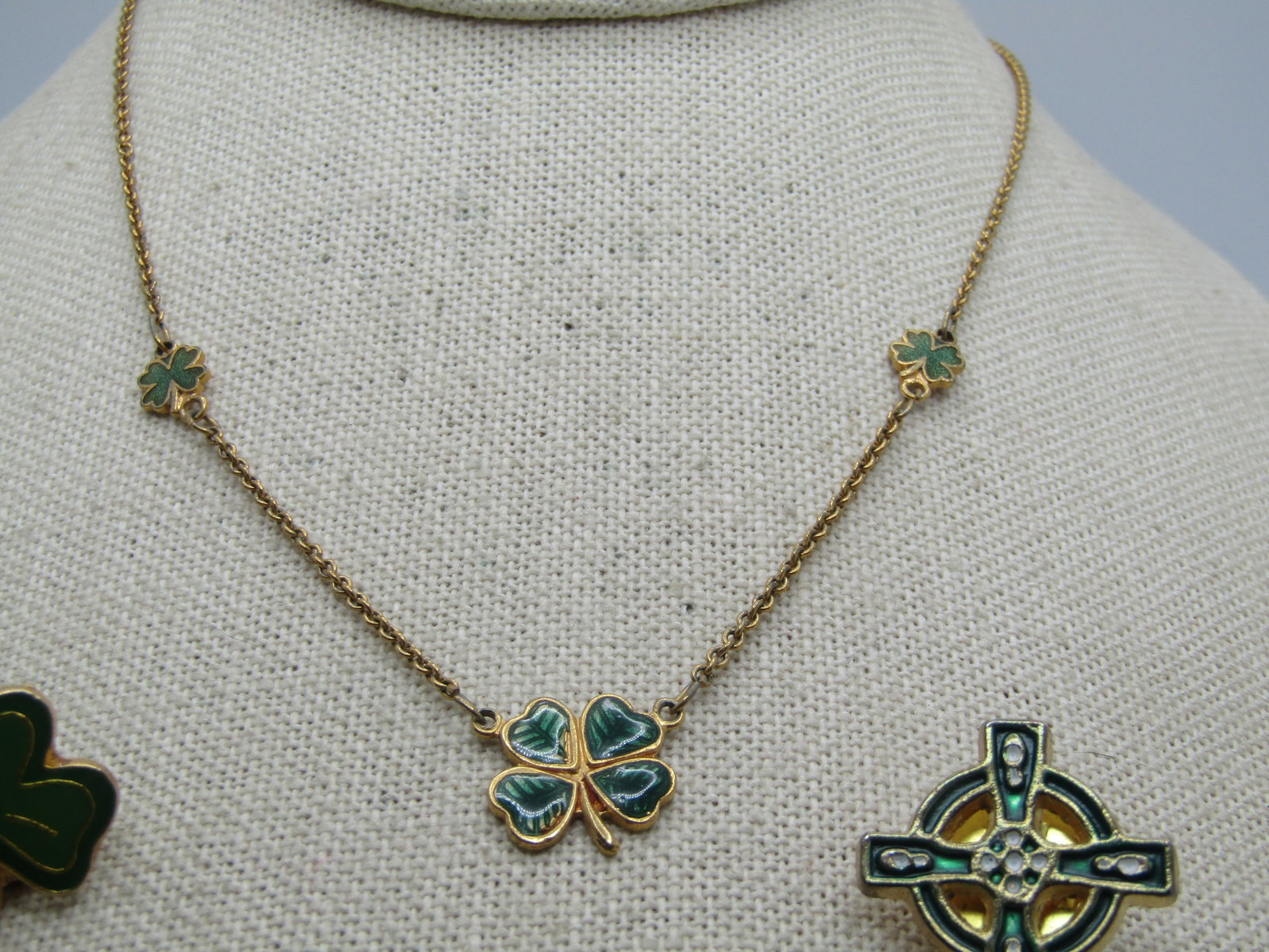 Vintage Shamrock Necklace, Irish Cross & Shamrock Tack Pins, 1960's-1970's, St. Patrick's Day. - 5