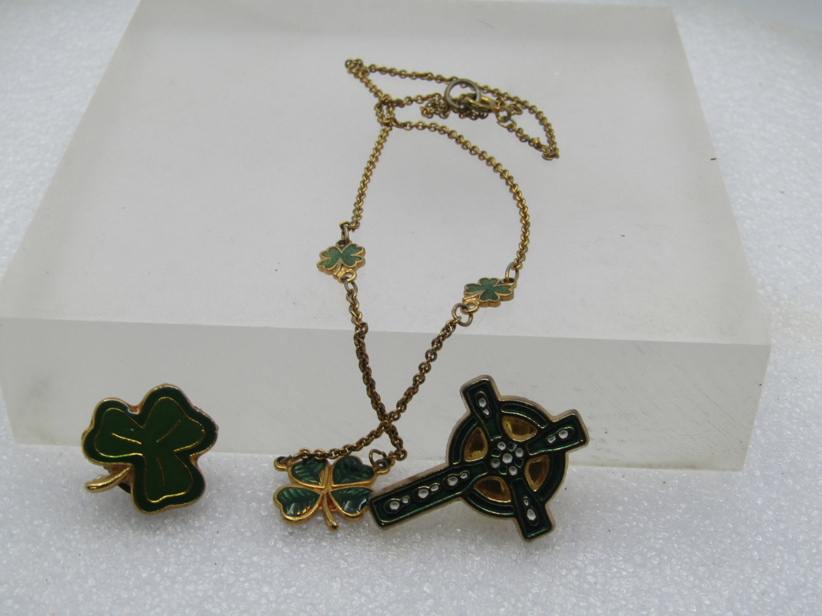 Vintage Shamrock Necklace, Irish Cross & Shamrock Tack Pins, 1960's-1970's, St. Patrick's Day. - 6