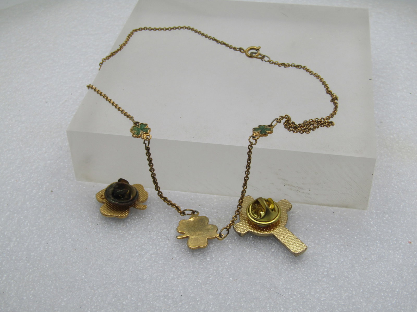 Vintage Shamrock Necklace, Irish Cross & Shamrock Tack Pins, 1960's-1970's, St. Patrick's Day. - 7