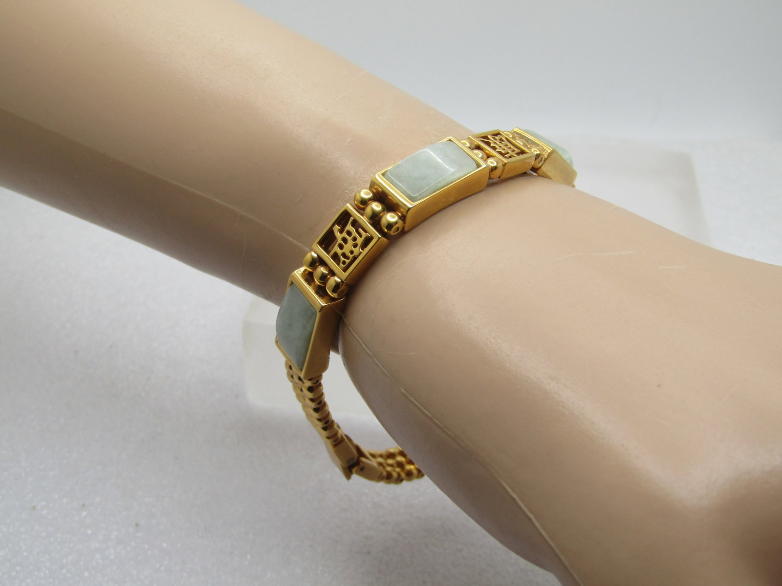 Vintage Jadeite Bracelet, Chinese Symbols, 7.75", 1990's - 3