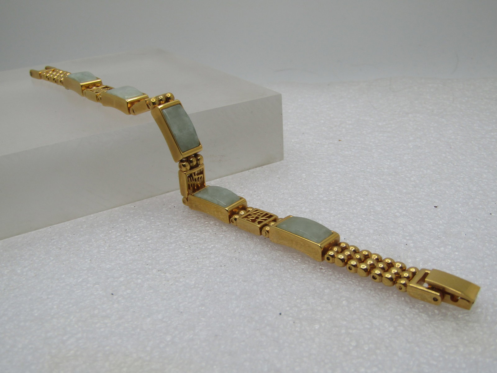 Vintage Jadeite Bracelet, Chinese Symbols, 7.75", 1990's - 4