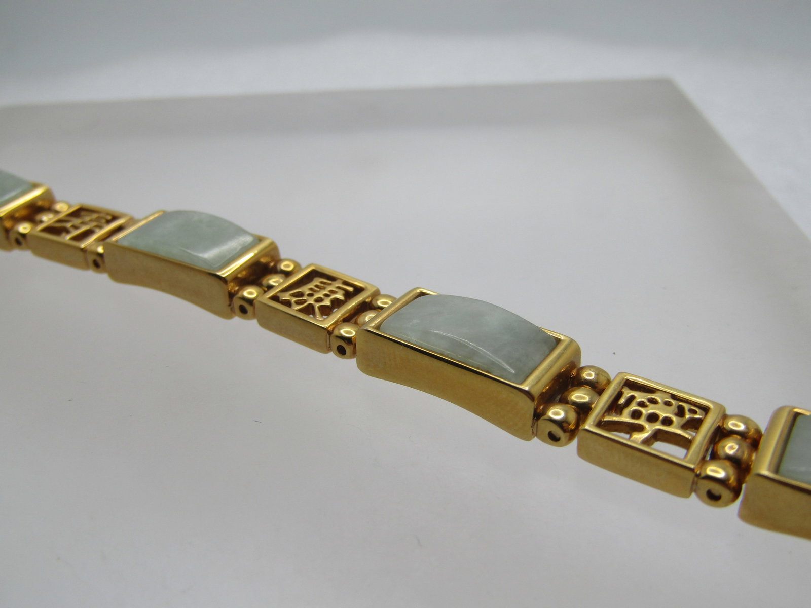 Vintage Jadeite Bracelet, Chinese Symbols, 7.75", 1990's - 5