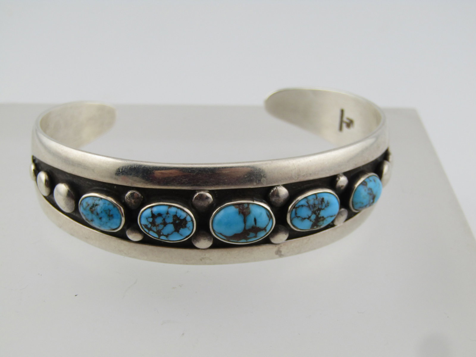 Vintage Sterling Southwestern Turquoise Bracelet, Cuff, 6.75, Signed FB, 1960's.: Title: Vintage Sterling Southwestern Turquoise Bracelet, Cuff, 6.75, Signed FB, 1960's. Description: Vintage Sterling Southwestern Turquoise Bracelet, Cuff, 6.75, Signed FB. It is marked sterling and 