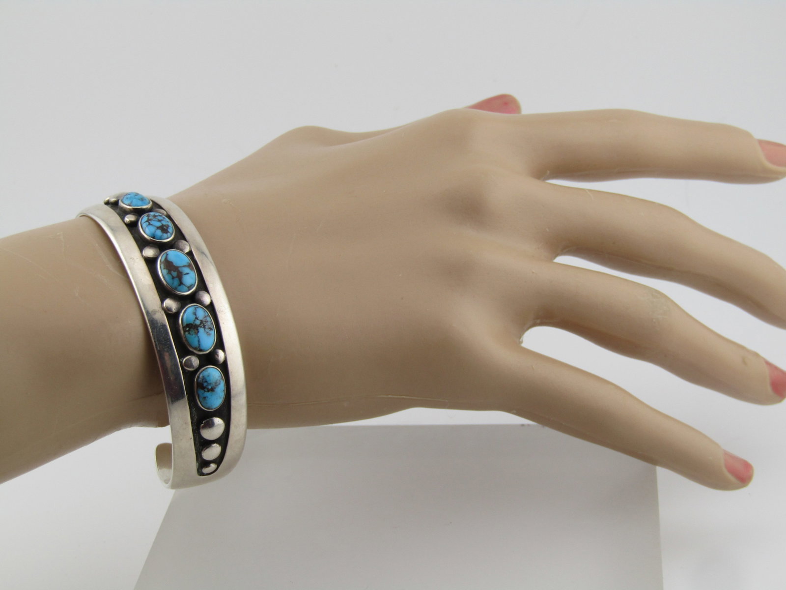 Vintage Sterling Southwestern Turquoise Bracelet, Cuff, 6.75, Signed FB, 1960's. - 5