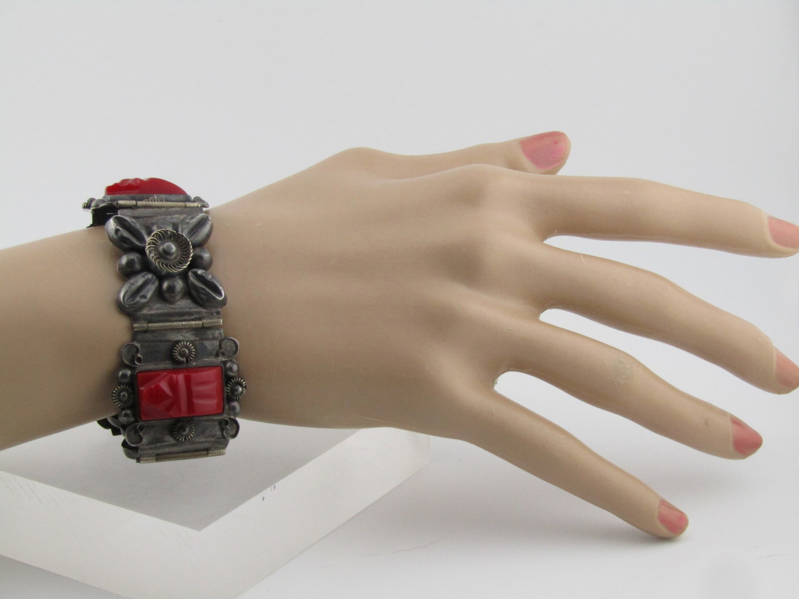Vintage Sterling Red Carved Mask Bracelet, Mexico, 6.5", Signed CMB, 1940's-1950's - 8