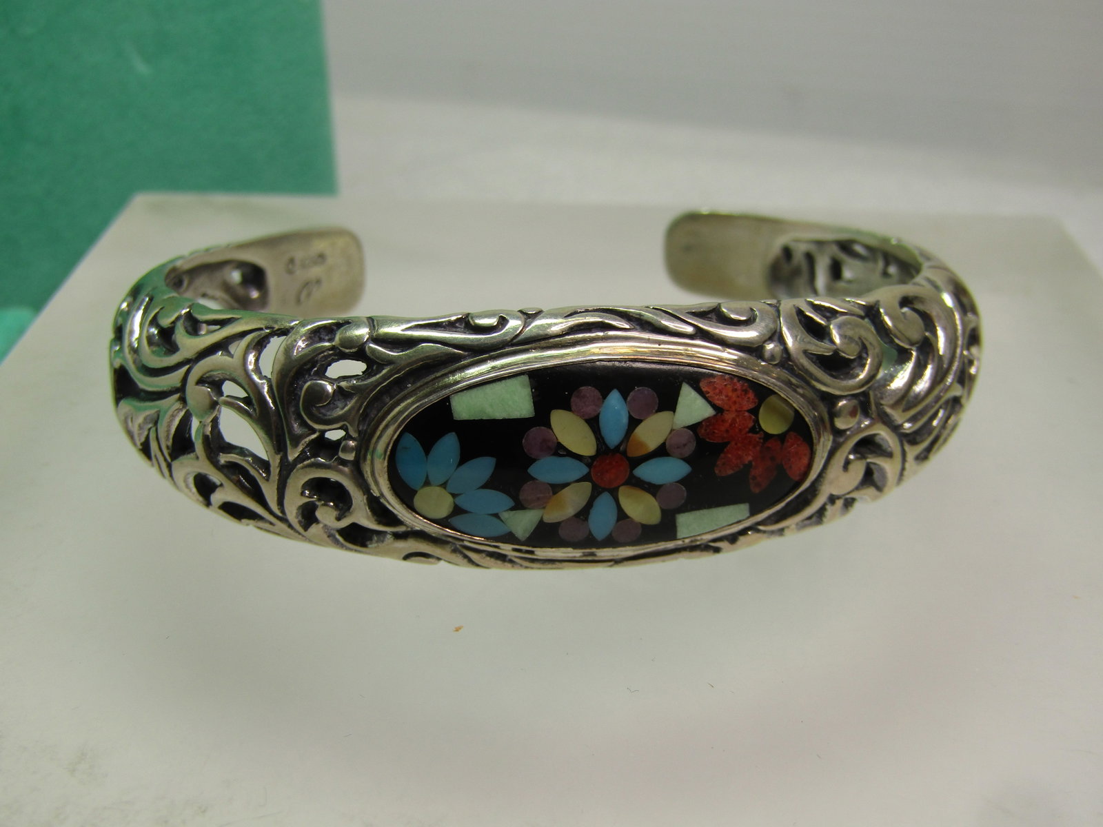 Sterling Southwestern Inlaid Turquoise Coral Floral Cuff Bracelet, Carolyn Pollack, 6.5", 2000's - 2