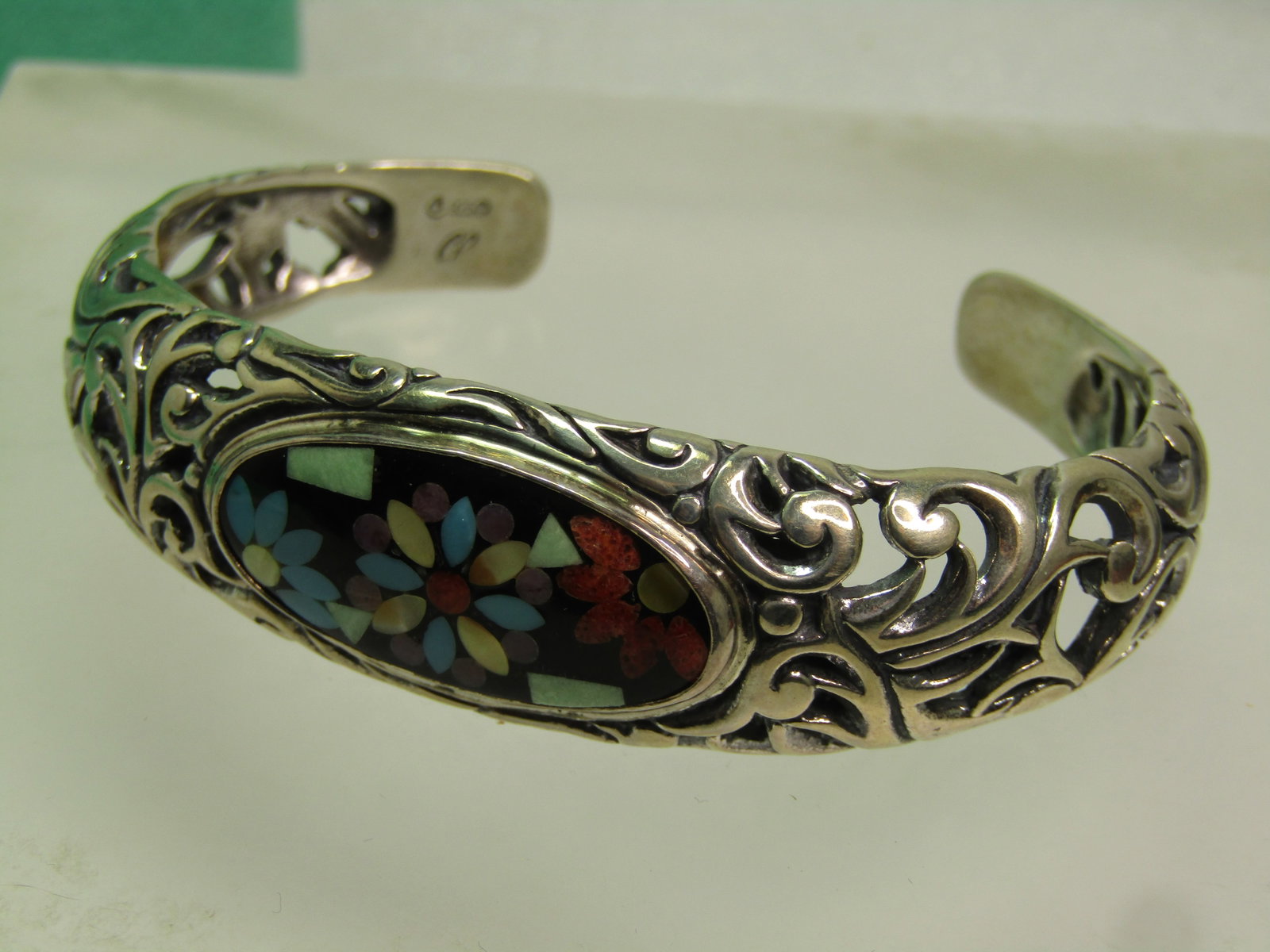 Sterling Southwestern Inlaid Turquoise Coral Floral Cuff Bracelet, Carolyn Pollack, 6.5", 2000's - 3
