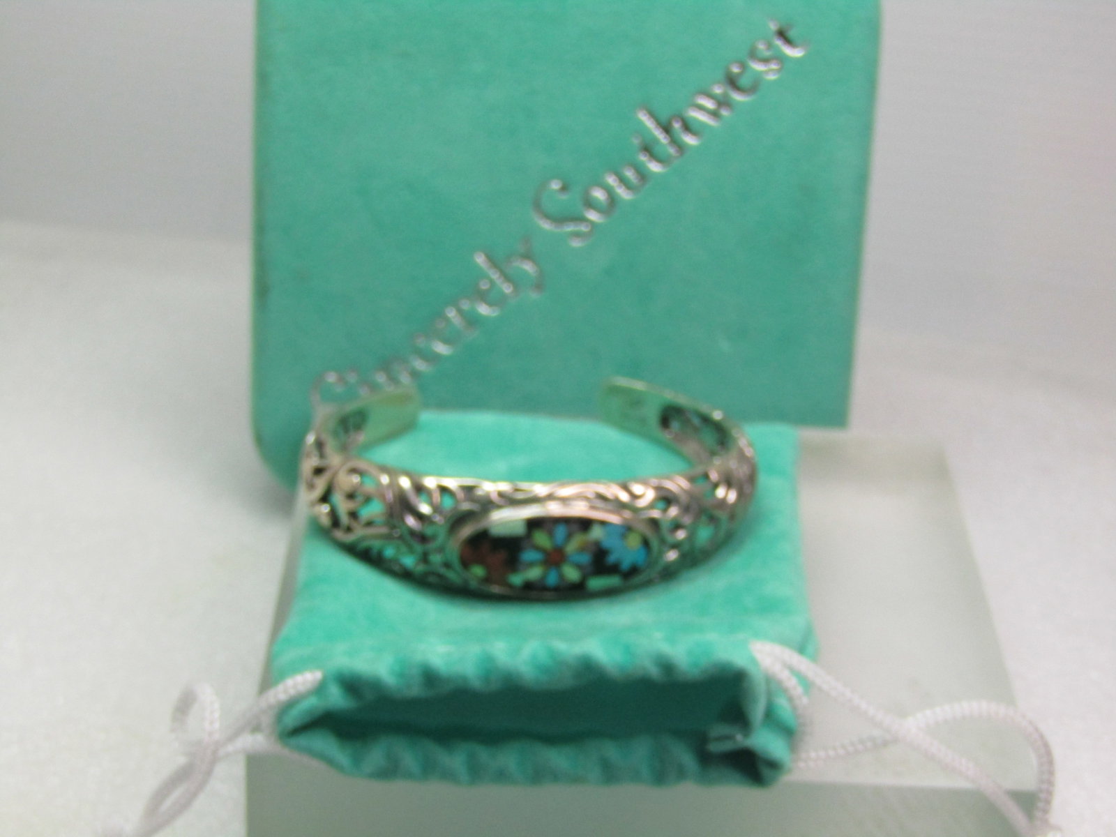 Sterling Southwestern Inlaid Turquoise Coral Floral Cuff Bracelet, Carolyn Pollack, 6.5", 2000's - 6