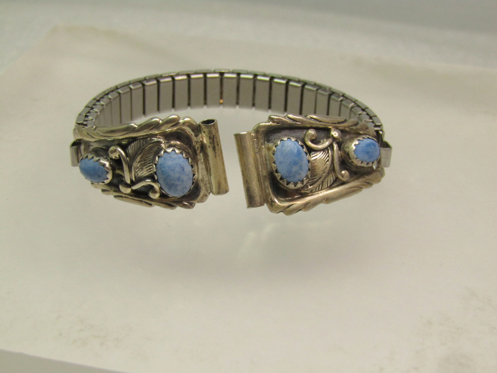 Vintage Sterling Southwestern Watch Tips/Band, Ladies' Blue Agate, Richard Begay, 1970's (1 of 5)