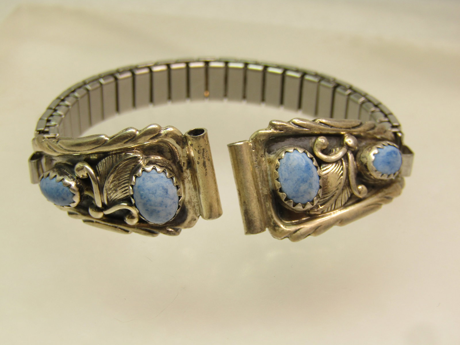 Vintage Sterling Southwestern Watch Tips/Band, Ladies' Blue Agate, Richard Begay, 1970's - 2