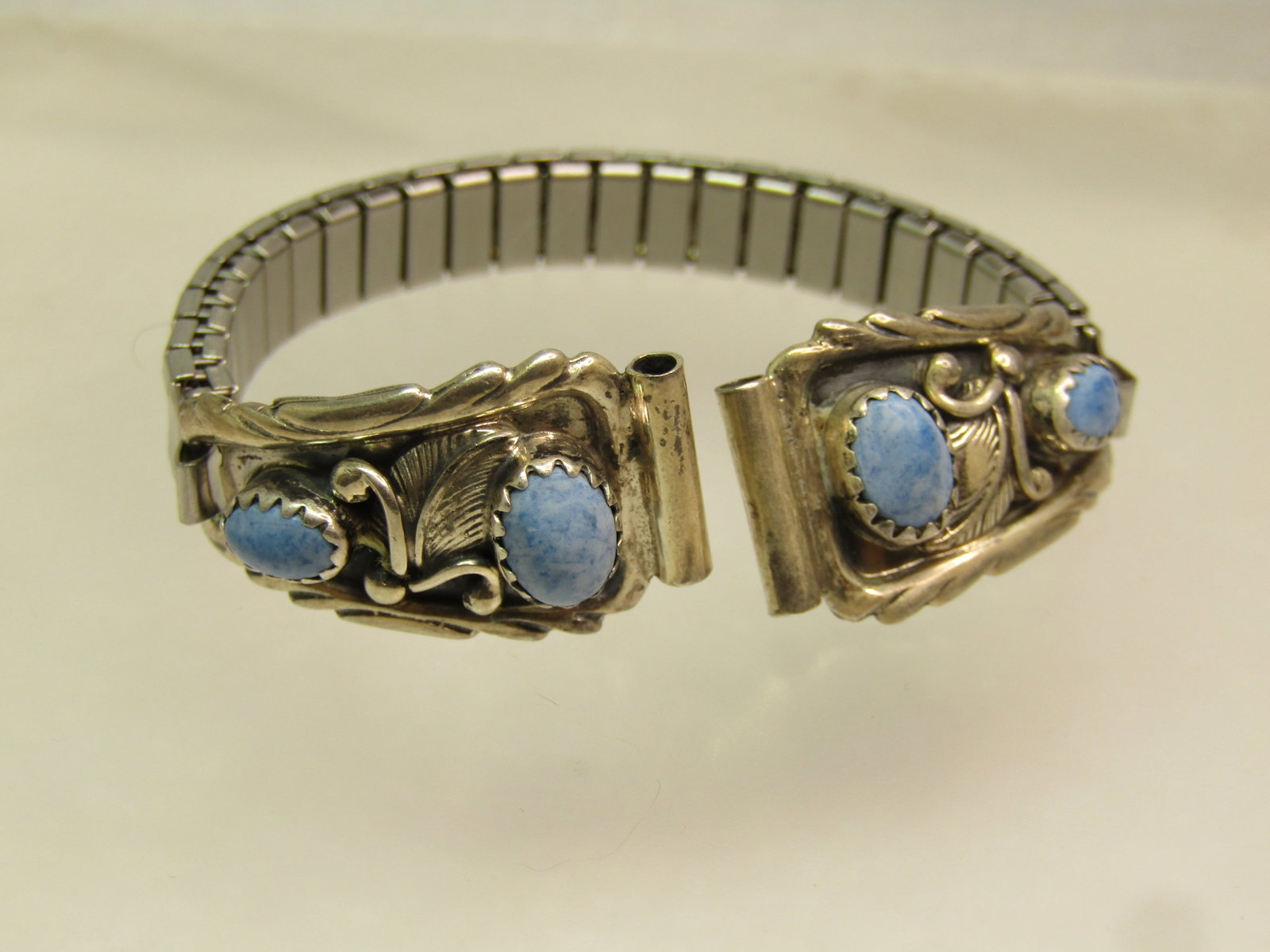 Vintage Sterling Southwestern Watch Tips/Band, Ladies' Blue Agate, Richard Begay, 1970's - 3