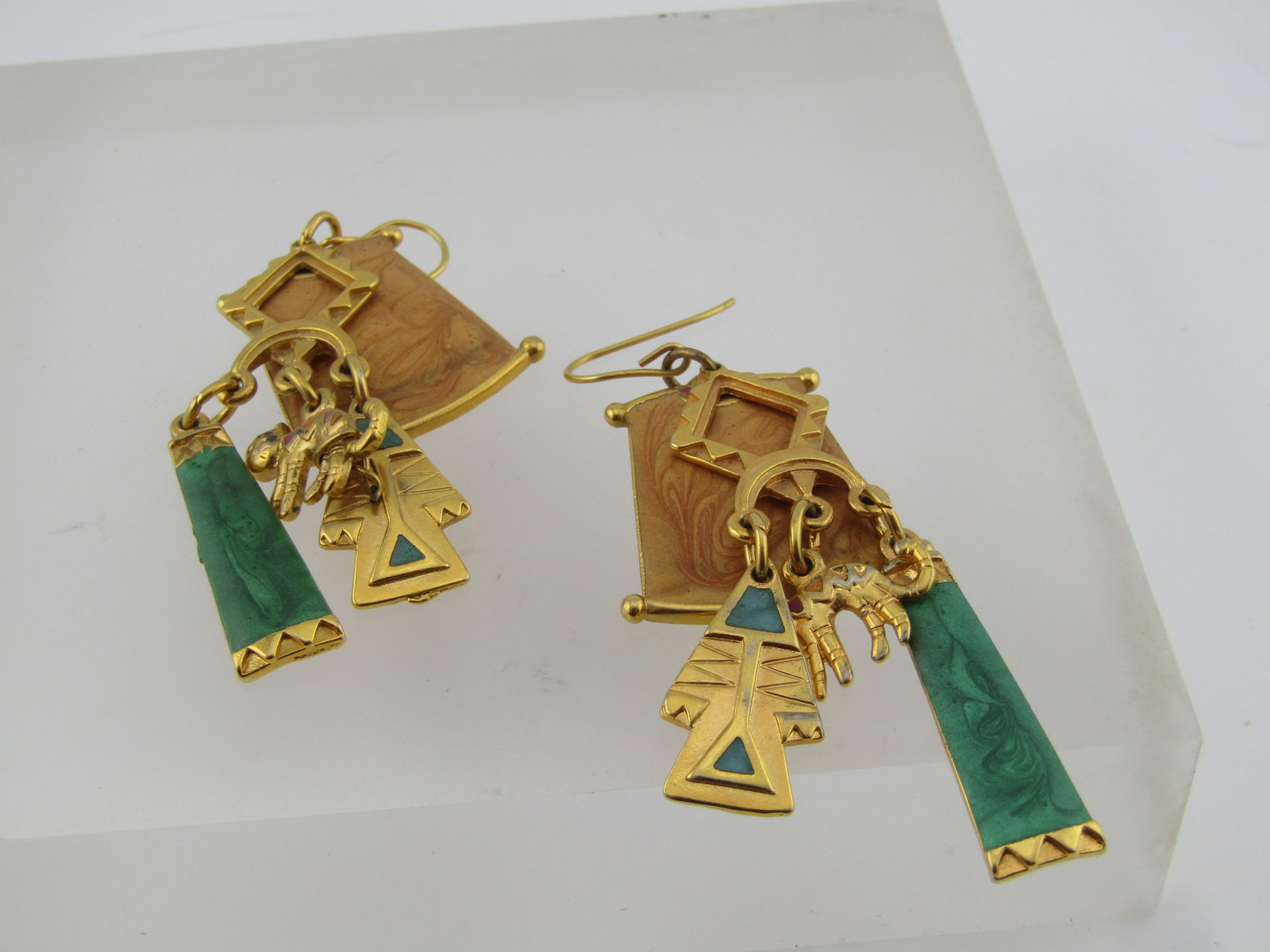 Vintage Enameled Egyptian Themed Drop Earrings, with Cat, Edgar Berebi, 1980's - 6